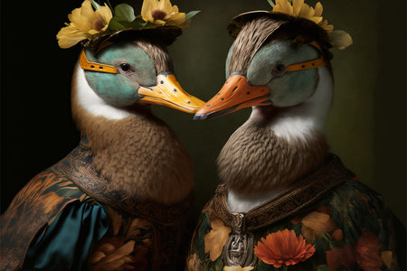 Ducks couple portrait, creative digital painting, vintage style, 3D illustrationの写真素材
