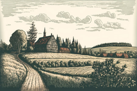 Rural landscape panoramic, digital painting artwork, retro styleの写真素材