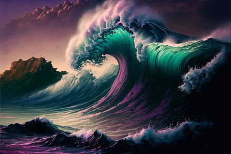 Painting seascape sea wave, retrowave style, digital fine art