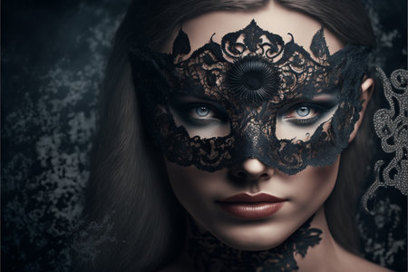 Digital painting of beautiful woman with black lace mask over her eyesの写真素材