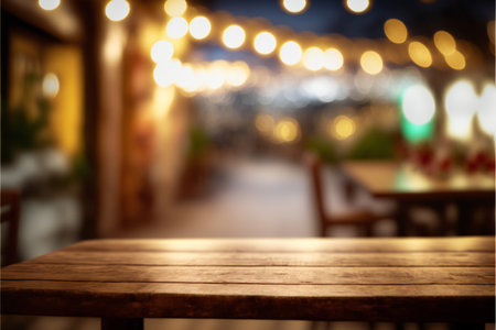 Empty wooden table in front of abstract blurred background, digital illustration painting artwork