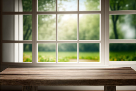 Empty wooden table and window room interior decoration, digital illustration painting artworkの写真素材