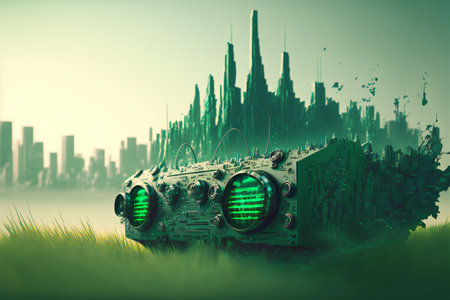 Green sound wave machine, digital illustration paintingの写真素材