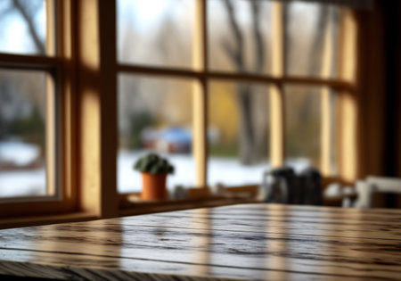 Wooden table top on blurred background, creative digital illustration paintingの写真素材