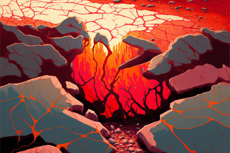 Heat red cracked ground texture, digital illustration painting artwork, poetic scenery background