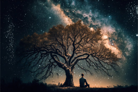 Man under a tree in front of the universe, creative digital illustration painting