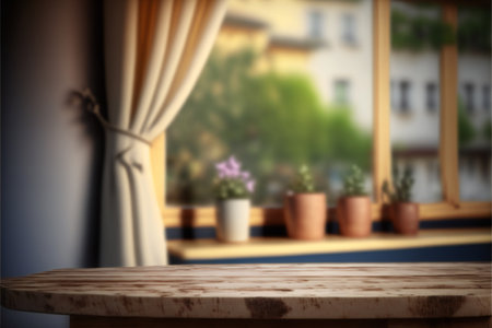 Wooden table top on blurred background, creative digital illustration painting