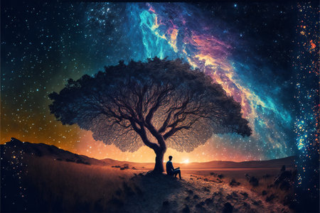 Man under a tree in front of the universe, creative digital illustration paintingの写真素材