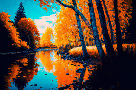 Oil painting landscape autumn forest, majestic landscape backgroundの写真素材