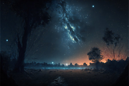 Starfield at night, poetic scenery backgroundの写真素材