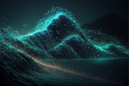 Wave of bright particles data technology, digital illustration painting artwork