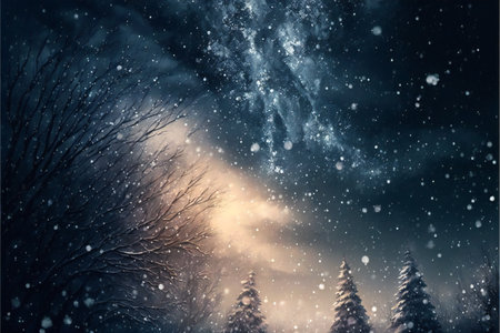 Winter christmas sky with falling snow, majestic landscape background