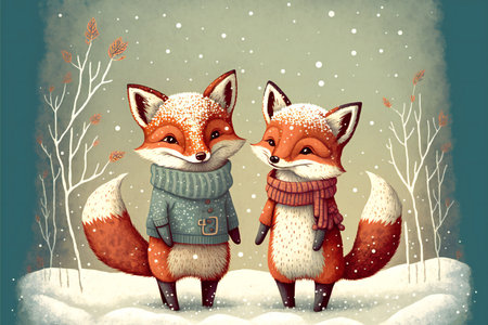 Two small cute foxes in the snow, creative digital illustration paintingの写真素材
