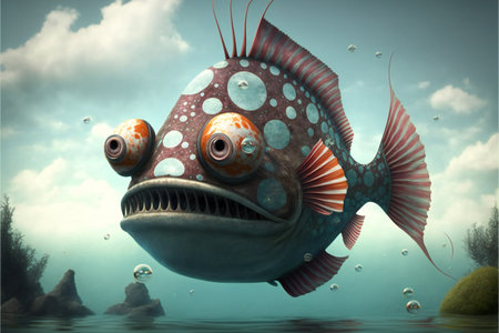 Funny fish, creative digital illustration painting, 3d illustrationの写真素材