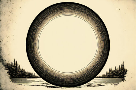 Retro style image of a round frame on a lake background.