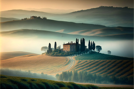 Beautiful foggy landscape, majestic landscape backgroundの写真素材