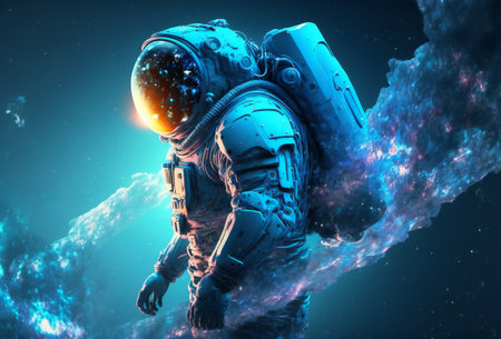 Astronaut illustration in blue space, creative digital illustration painting