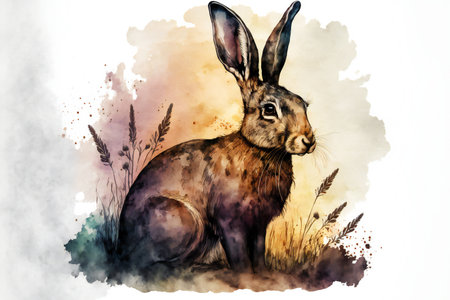 Rabbit wild animal in a watercolor style, retro styleの写真素材