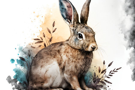 Rabbit wild animal in a watercolor style, retro styleの写真素材