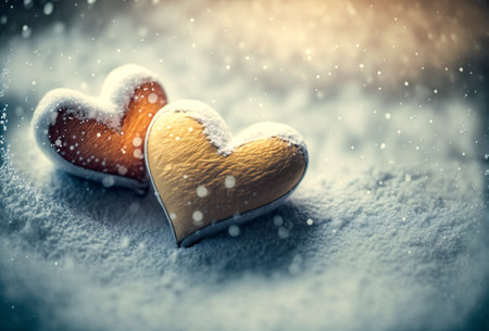 Hearts in warm winter snow valentine romantic date, creative digital illustration paintingの写真素材