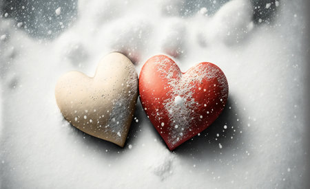 Hearts in warm winter snow valentine romantic date, creative digital illustration paintingの写真素材
