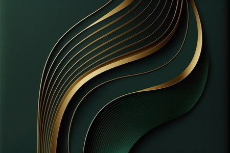 Curve golden line on dark green shade background, abstract backgroundの写真素材