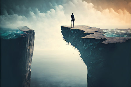 Human standing on an edge imaginary world, abstract backgroundの写真素材