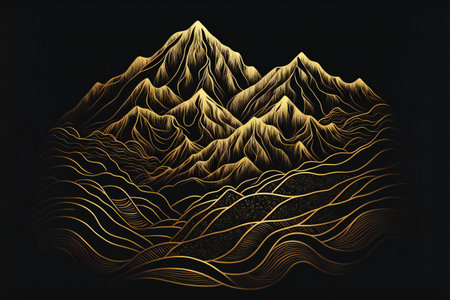 Beautiful golden mountains line art isolated on a black, abstract backgroundの写真素材