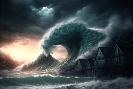 A tsunami hit a small seaside town, creative digital illustration paintingの写真素材