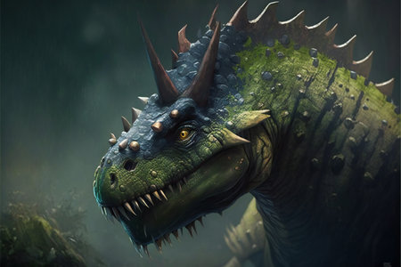 Dinosaur head on dark background, digital illustration artwork