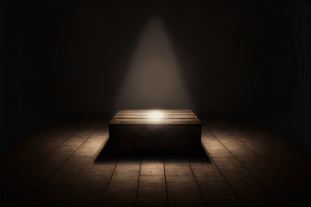 Wooden plank podium, table in the dark, arts & architecture, indoorの写真素材