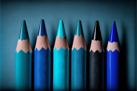 A row of different blue crayons on blue background, abstract, colorsの写真素材