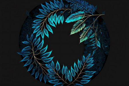 Image of leaves over blue neon circle on black, nature, plants and treesの写真素材
