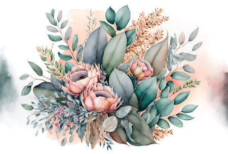 Watercolor floral bouquet composition with roses, nature, flowers & gardensの写真素材