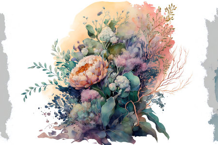 Watercolor floral bouquet composition with roses, nature, flowers & gardensの写真素材