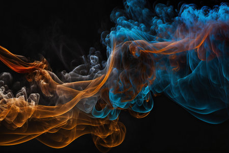 Blue and orange smoke steam moves on a black, abstract, backgroundsの写真素材