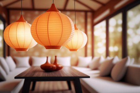 Blurred orange color of lantern, arts & architecture, indoorの写真素材
