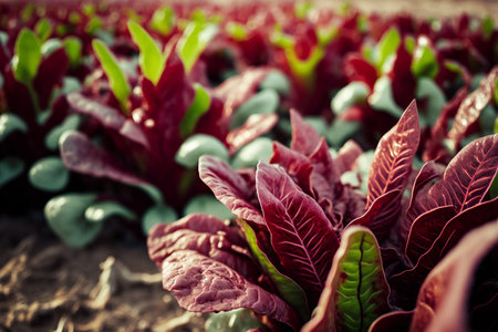 Close up of red lettuce on organic farm, nature, plants and trees