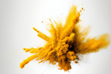 Yellow powder explosion on white , abstract, backgroundsの写真素材