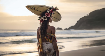 Digital painting woman with surfboard on her head at beach, nature, sea & oceanの素材