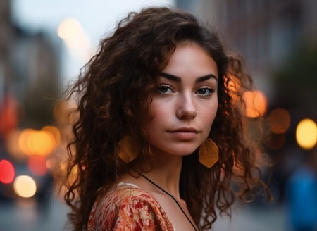 Digital painting potrait a beautiful young woman in the city, people, portraitsの素材