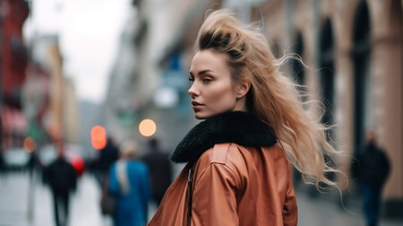 Digital painting stylish woman walking on the city street, people, portraitsの素材