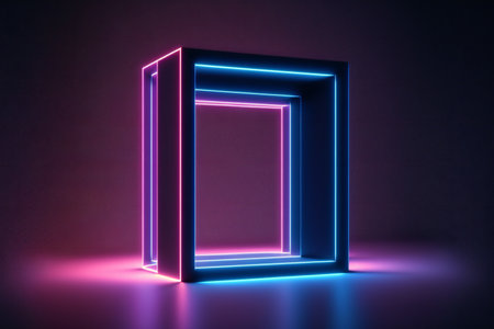 Glowing lines tunnel neon lights virtual, abstract, colorsの写真素材