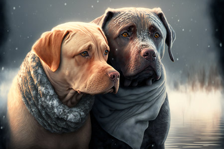 Two dogs winter mood friendship and love, animals, petsの写真素材