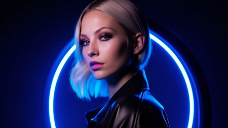Fashion portrait of young beautiful woman with blue neon light on dark backgroundの素材
