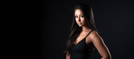 Portrait of a beautiful asian woman in black dress on black backgroundの素材