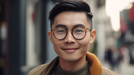 Portrait of handsome asian man wearing eyeglasses in cityの素材