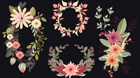 Set of floral elements on black background. illustration for your designの素材