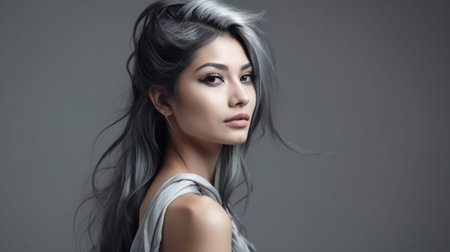 Portrait of a beautiful young woman with long black hair on a gray backgroundの素材