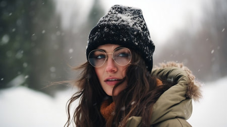 Digital painting beautiful young woman enjoying in the snow, people, portraitsの素材